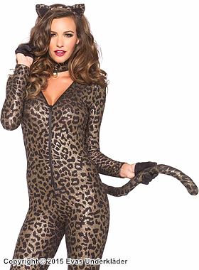 Leopardin (Frau), Kostüm-Catsuit, schimmernder Lurex, Schwanz, Front-Reißverschluss